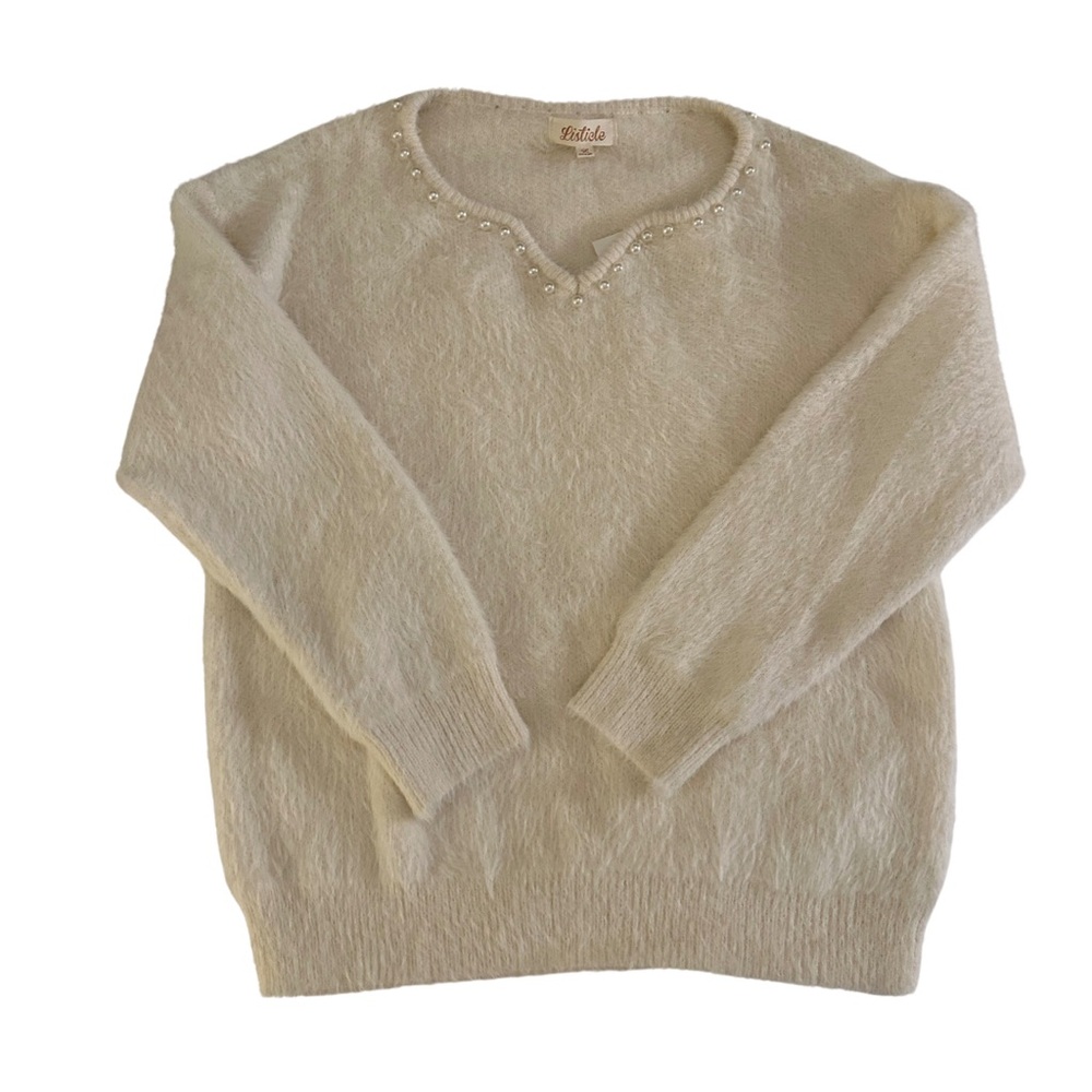 Listicle V-neck, Pearl Trim Fuzzy Sweater